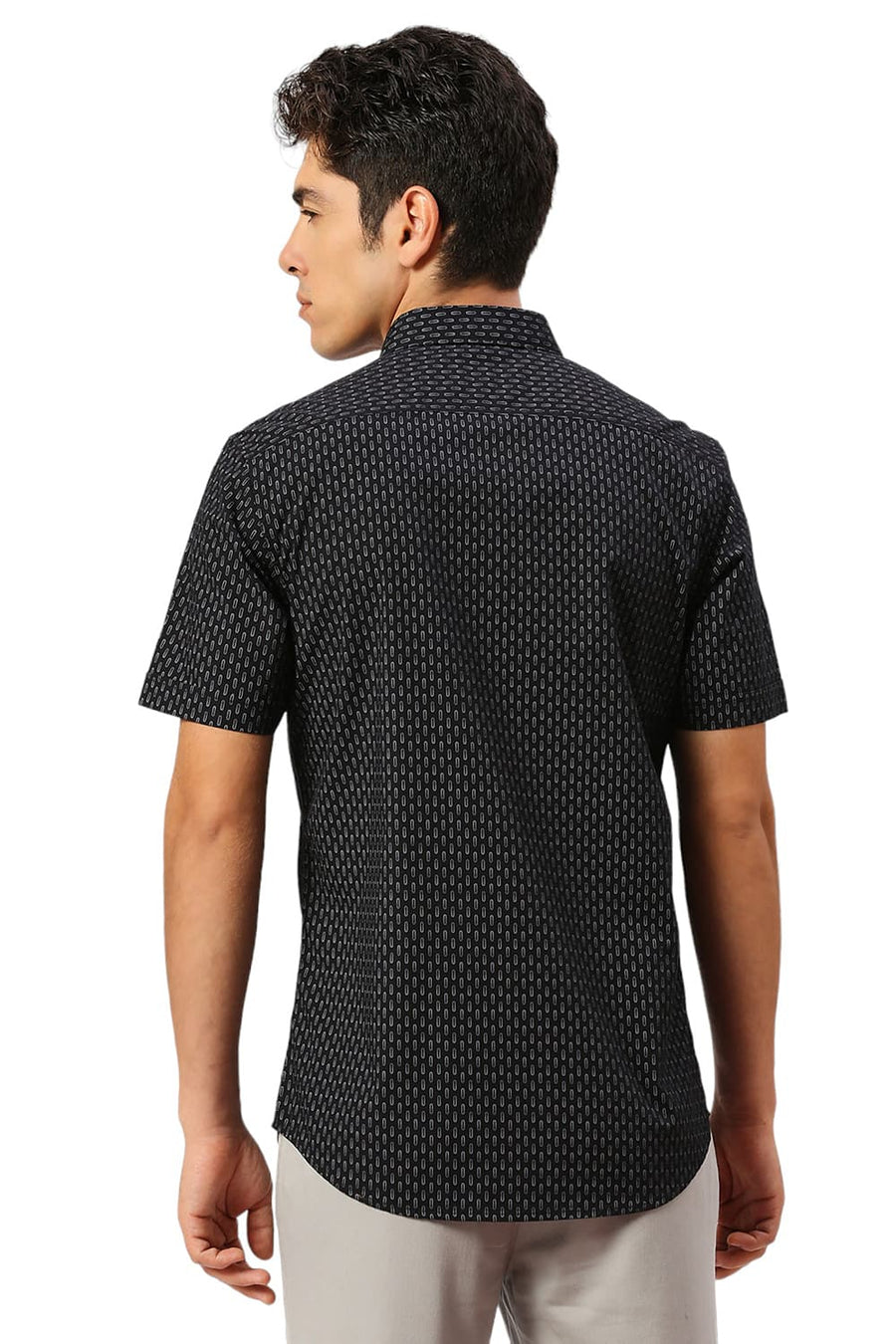 BASICS SLIM FIT CHARCOAL BLACK COTTON PRINTED HALFSLEEVES SHIRT