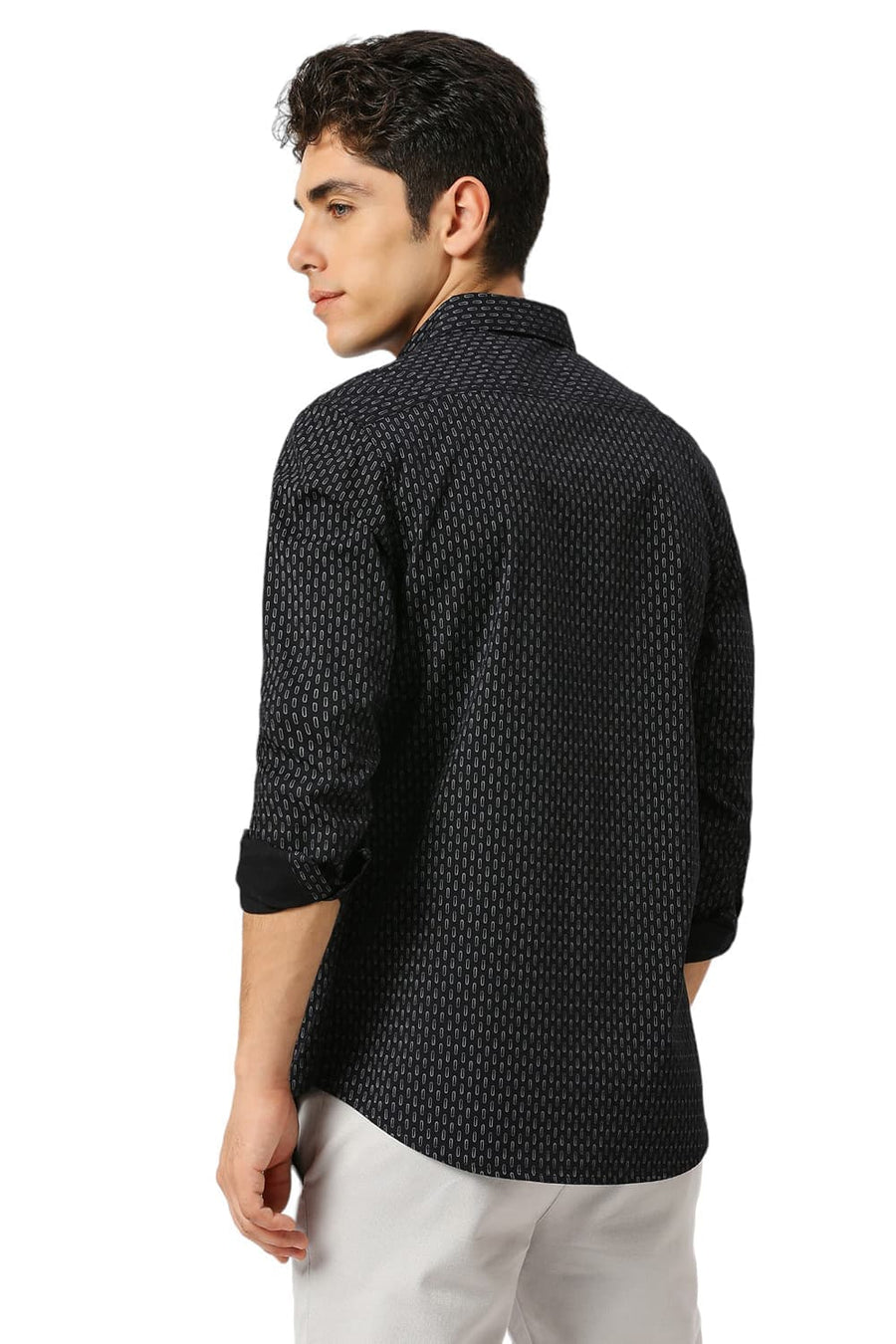 BASICS SLIM FIT CHARCOAL BLACK COTTON PRINTED SHIRT