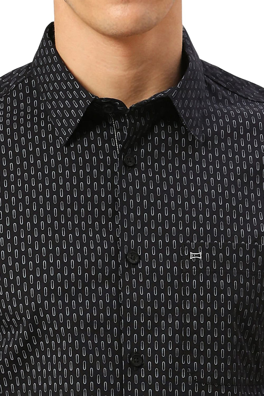 BASICS SLIM FIT CHARCOAL BLACK COTTON PRINTED HALFSLEEVES SHIRT
