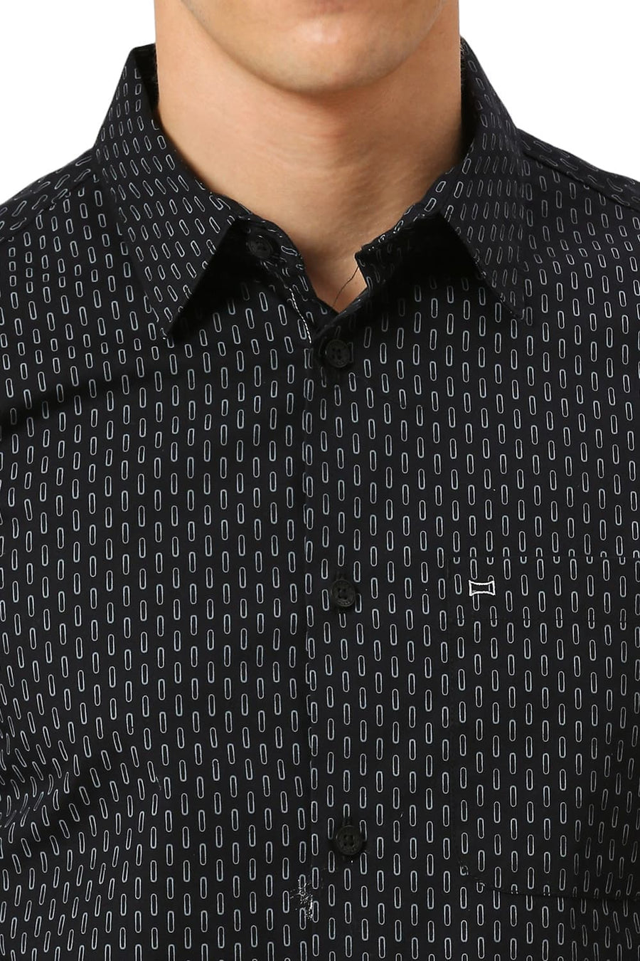 BASICS SLIM FIT CHARCOAL BLACK COTTON PRINTED SHIRT