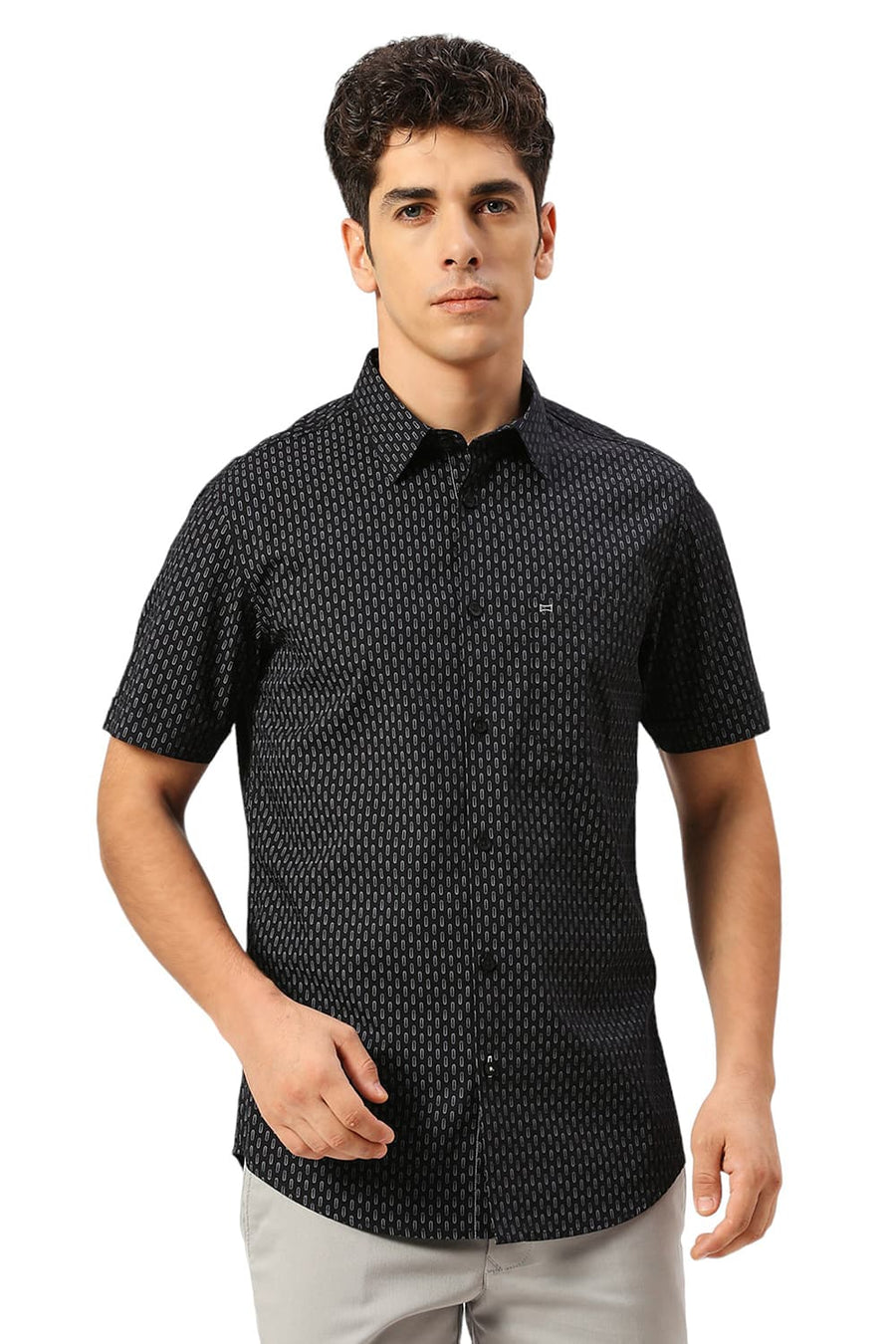 BASICS SLIM FIT CHARCOAL BLACK COTTON PRINTED HALFSLEEVES SHIRT