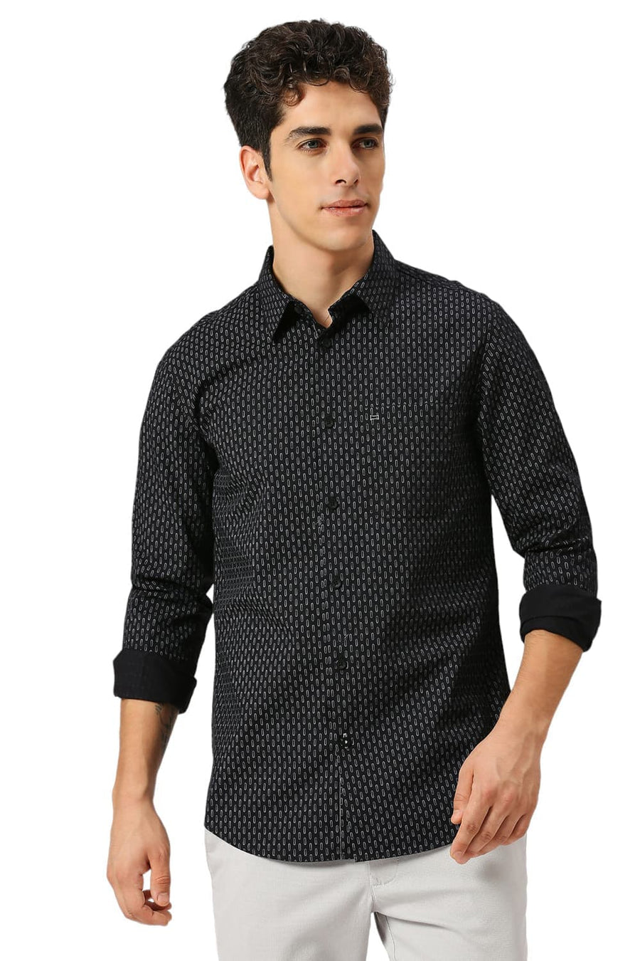 BASICS SLIM FIT CHARCOAL BLACK COTTON PRINTED SHIRT