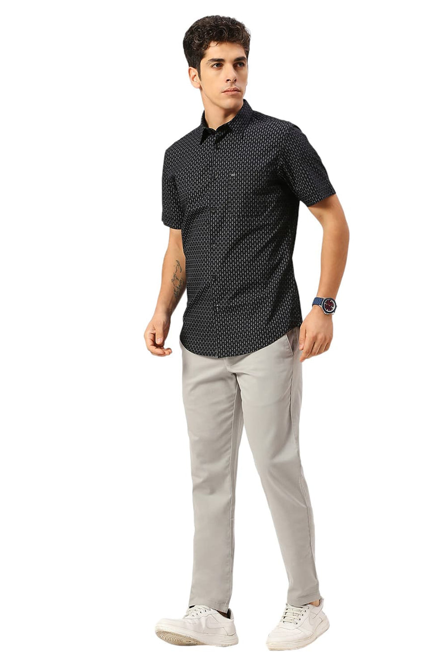 BASICS SLIM FIT CHARCOAL BLACK COTTON PRINTED HALFSLEEVES SHIRT