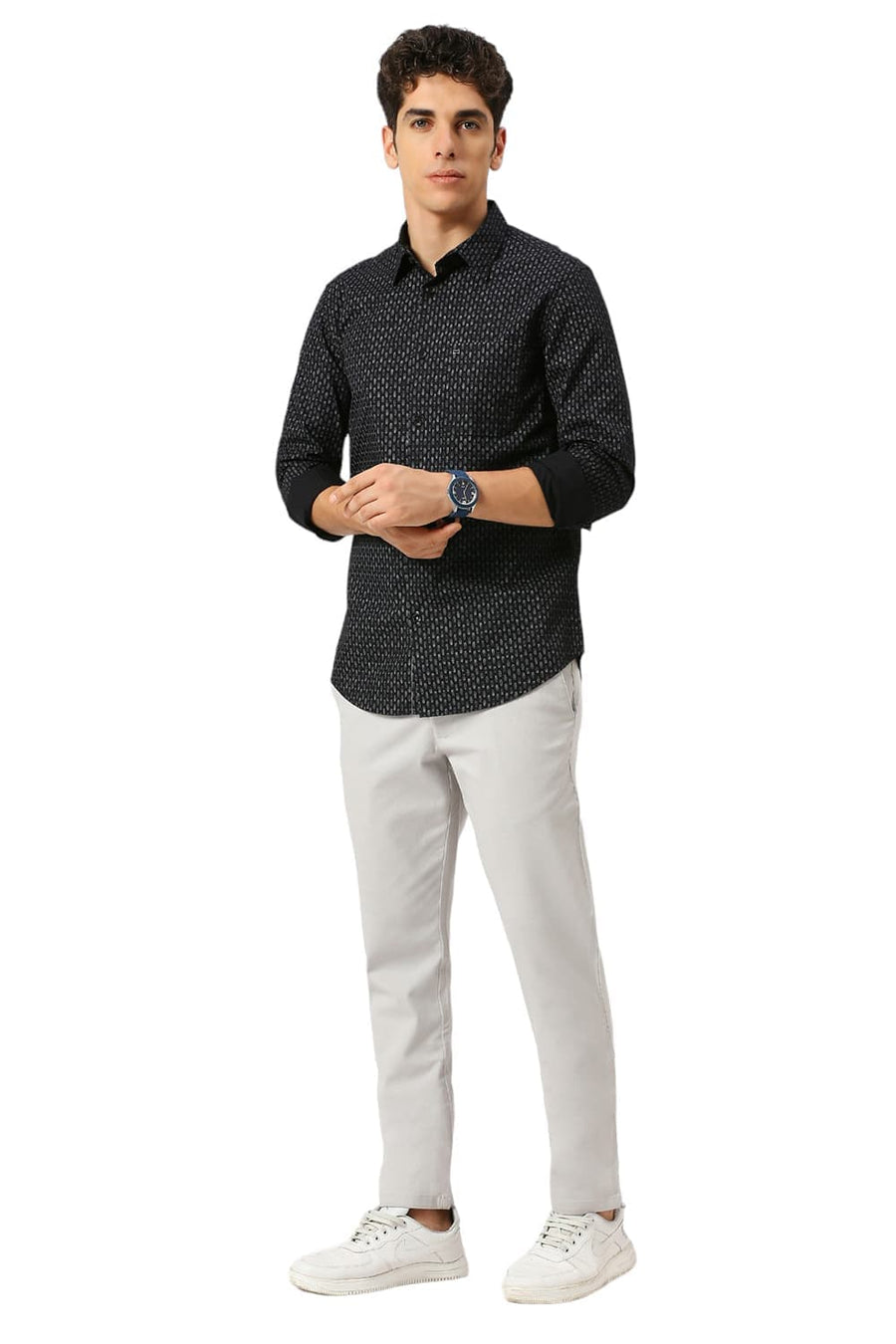 BASICS SLIM FIT CHARCOAL BLACK COTTON PRINTED SHIRT