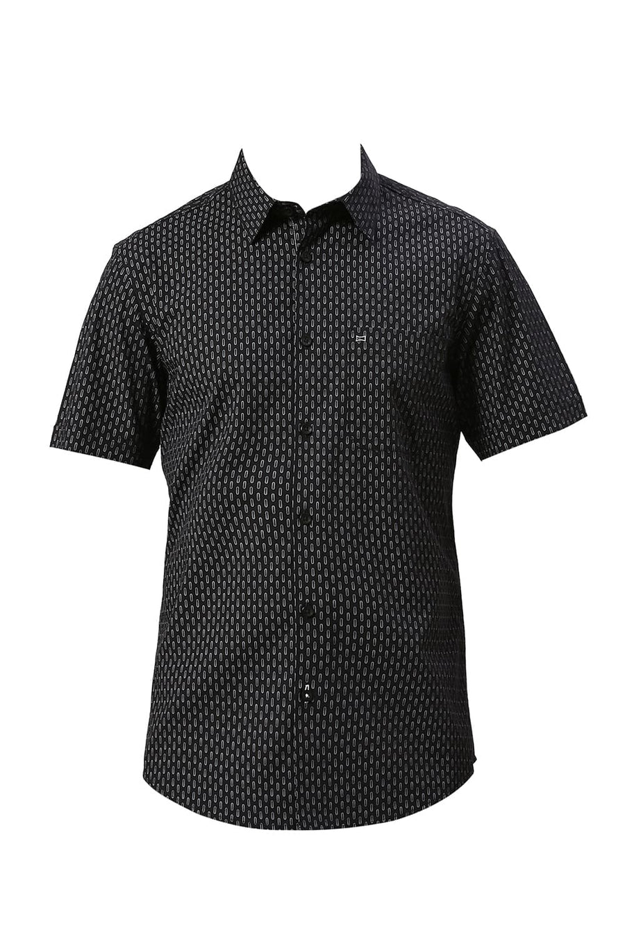 BASICS SLIM FIT CHARCOAL BLACK COTTON PRINTED HALFSLEEVES SHIRT