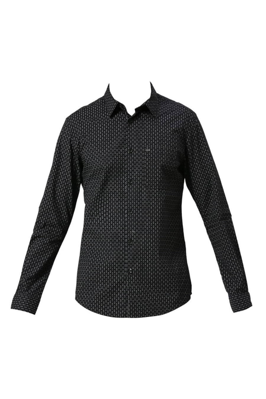 BASICS SLIM FIT CHARCOAL BLACK COTTON PRINTED SHIRT