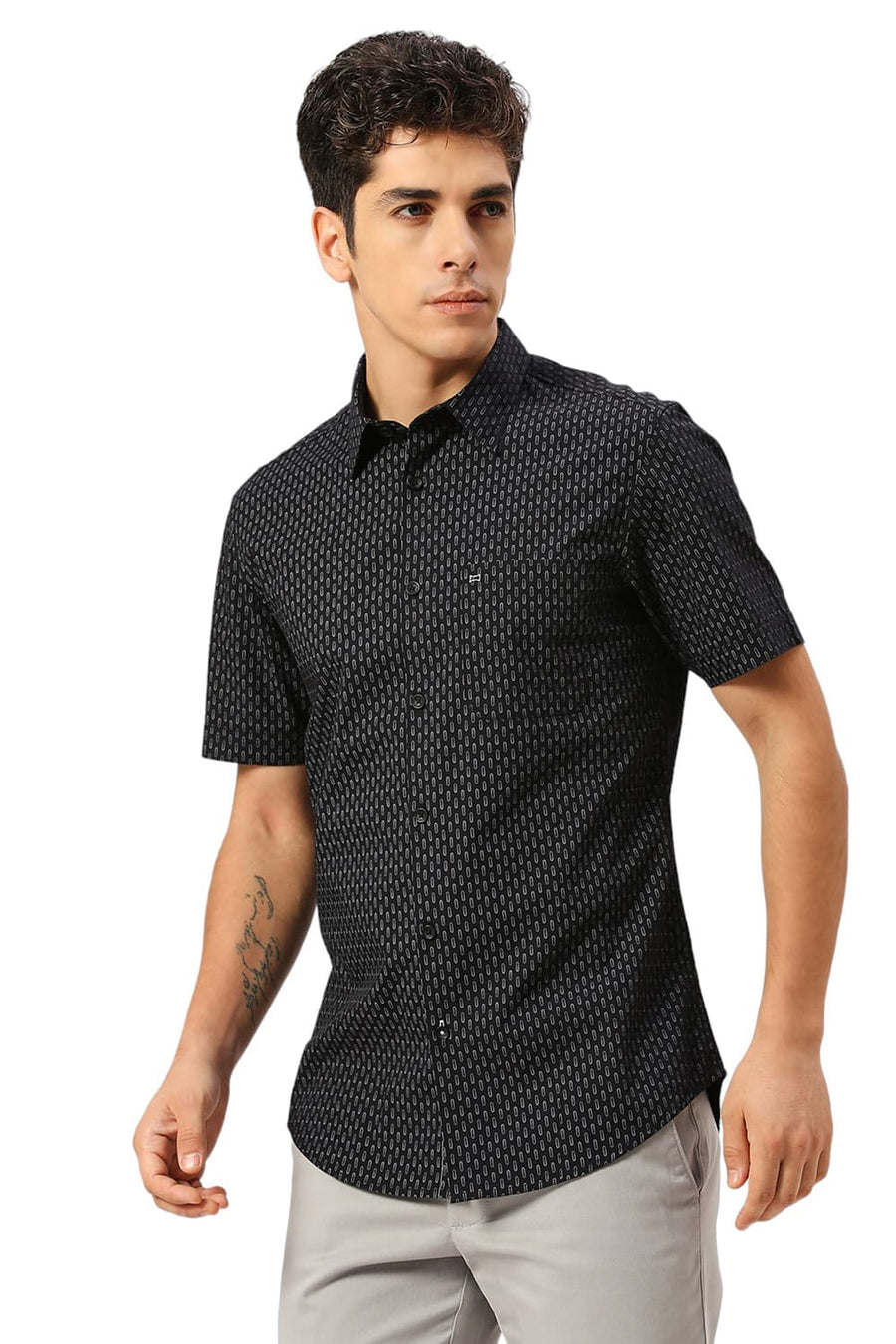 BASICS SLIM FIT CHARCOAL BLACK COTTON PRINTED HALFSLEEVES SHIRT