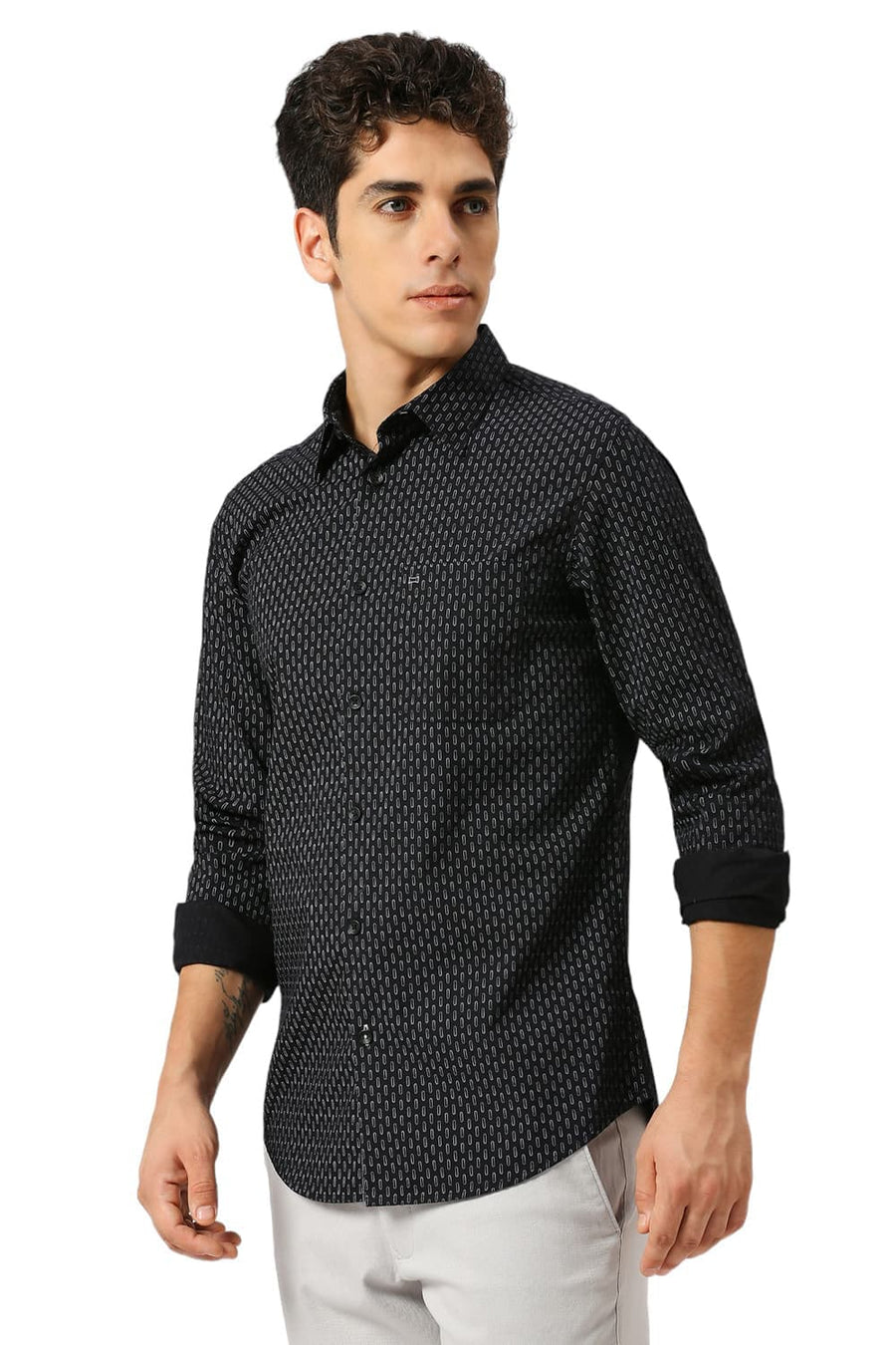 BASICS SLIM FIT CHARCOAL BLACK COTTON PRINTED SHIRT