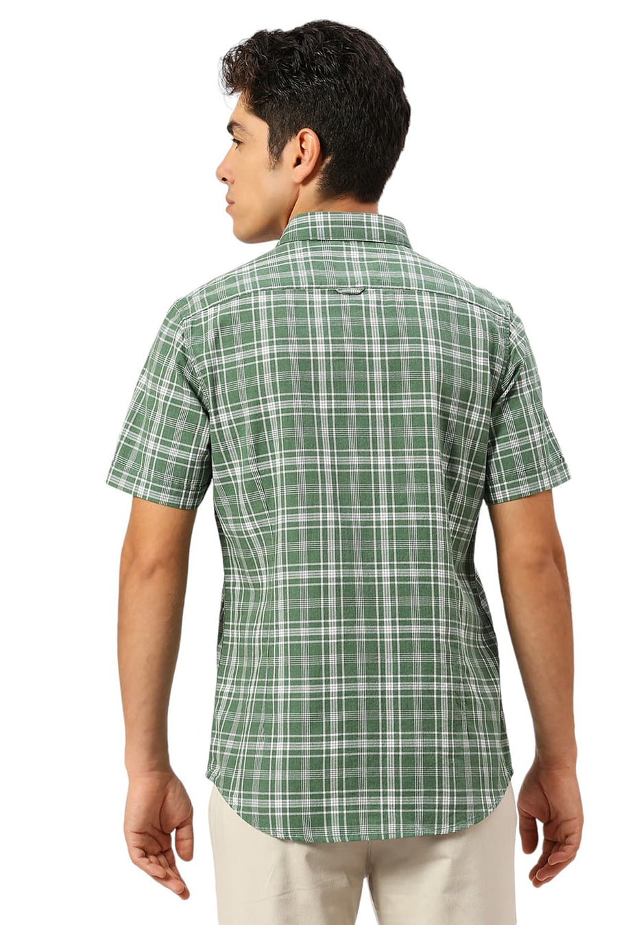 BASICS SLIM FIT ARTICHOKE GREEN COTTON TWILL MELANGE CHECKS HALFSLEEVES SHIRT
