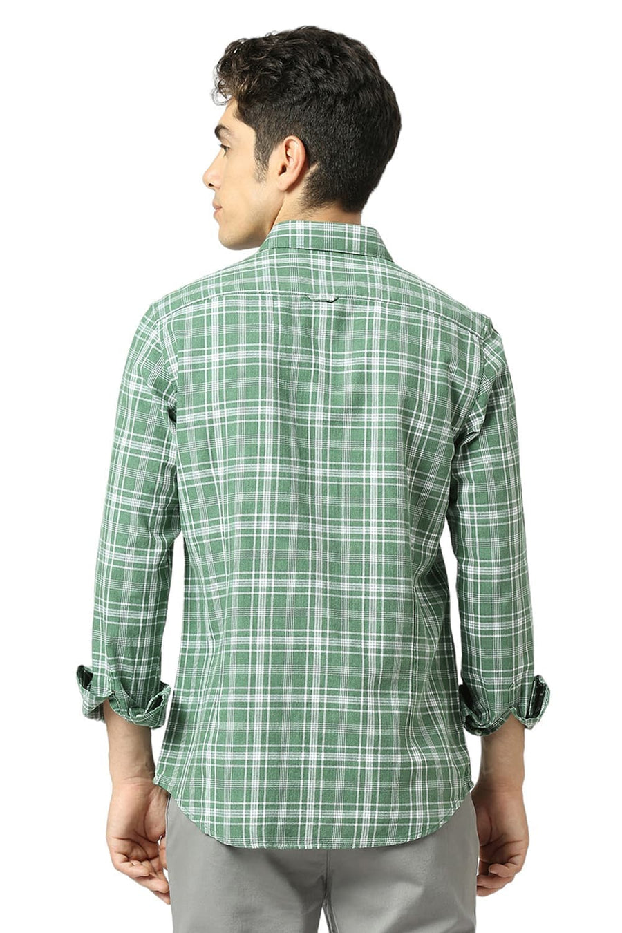 BASICS SLIM FIT ARTICHOKE GREEN COTTON TWILL MELANGE CHECKS SHIRT