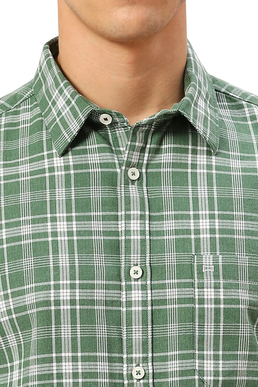 BASICS SLIM FIT ARTICHOKE GREEN COTTON TWILL MELANGE CHECKS HALFSLEEVES SHIRT