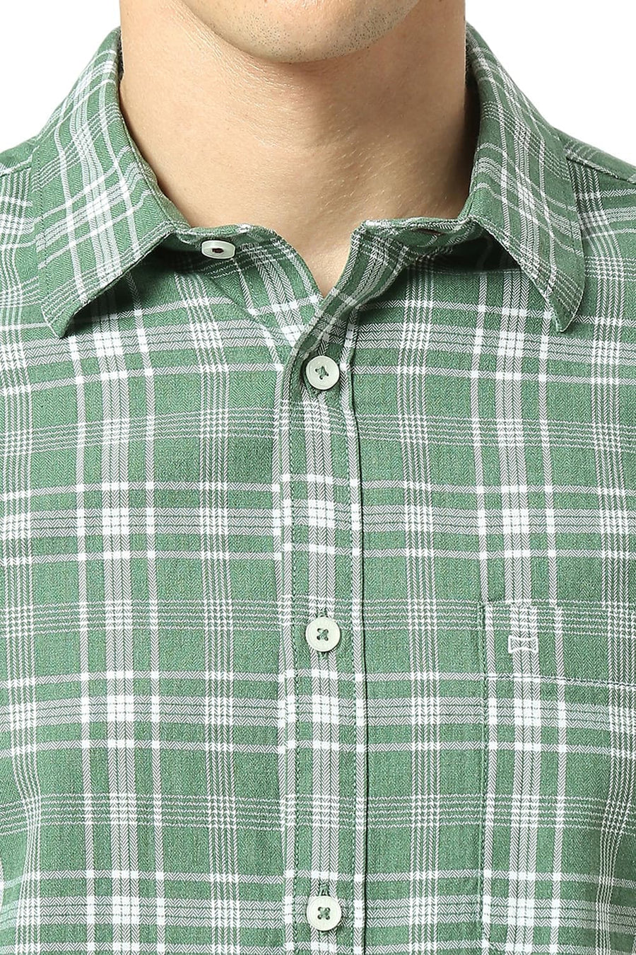 BASICS SLIM FIT ARTICHOKE GREEN COTTON TWILL MELANGE CHECKS SHIRT