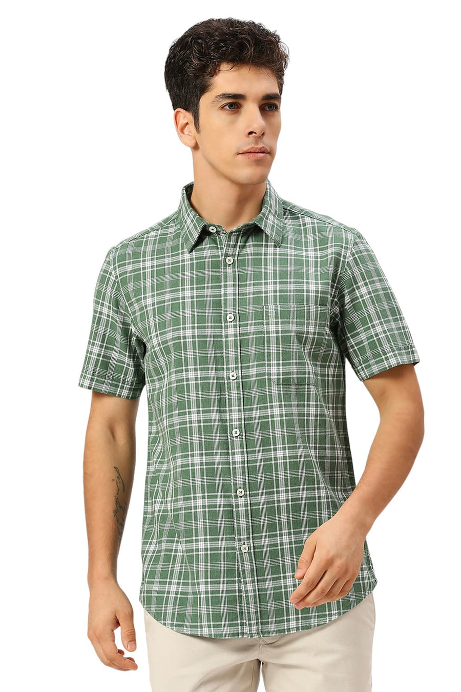 BASICS SLIM FIT ARTICHOKE GREEN COTTON TWILL MELANGE CHECKS HALFSLEEVES SHIRT