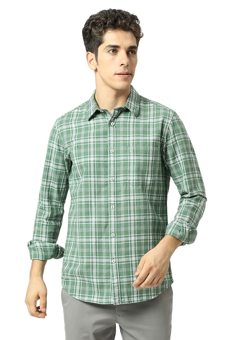 BASICS SLIM FIT ARTICHOKE GREEN COTTON TWILL MELANGE CHECKS SHIRT