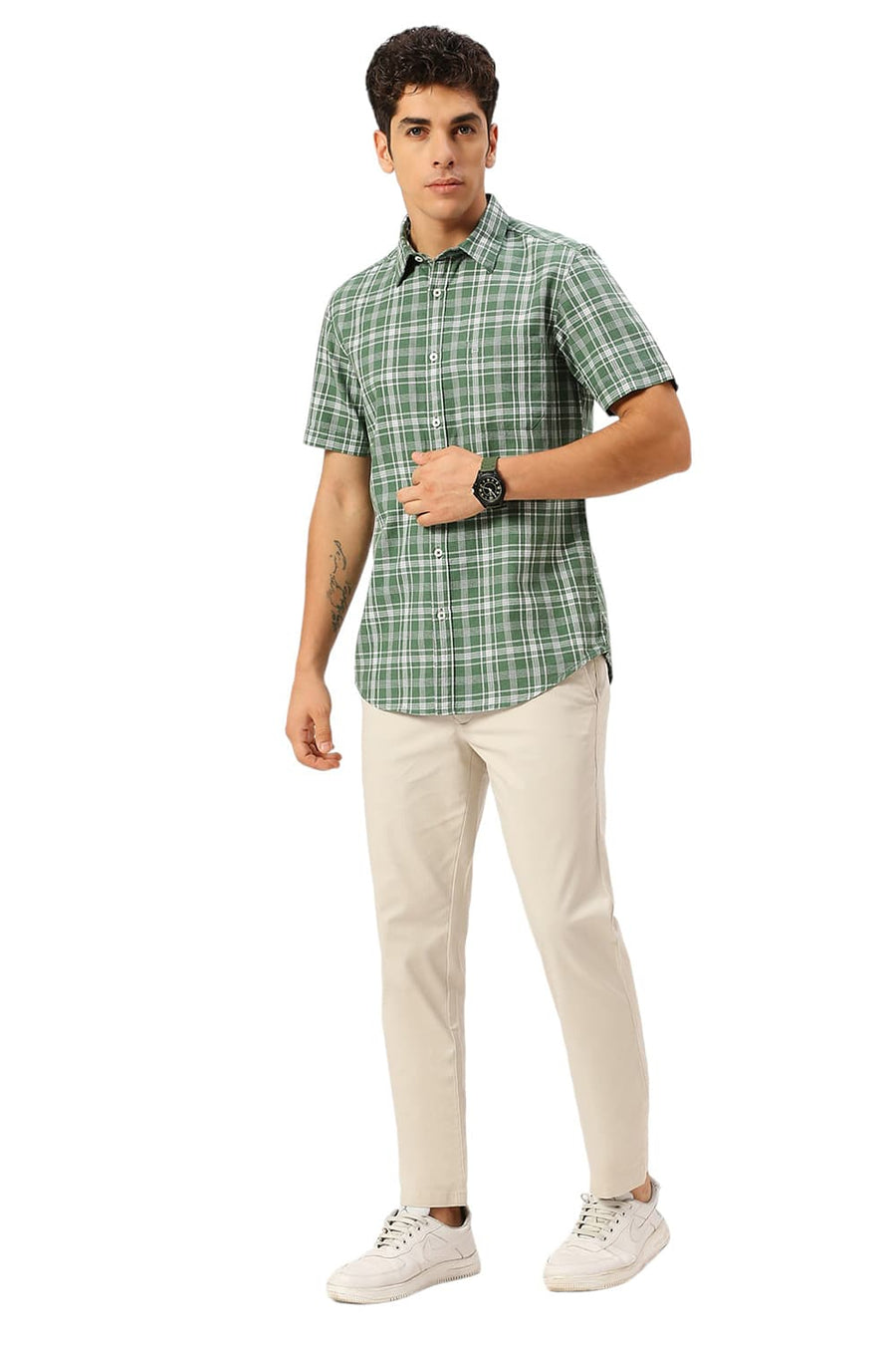 BASICS SLIM FIT ARTICHOKE GREEN COTTON TWILL MELANGE CHECKS HALFSLEEVES SHIRT