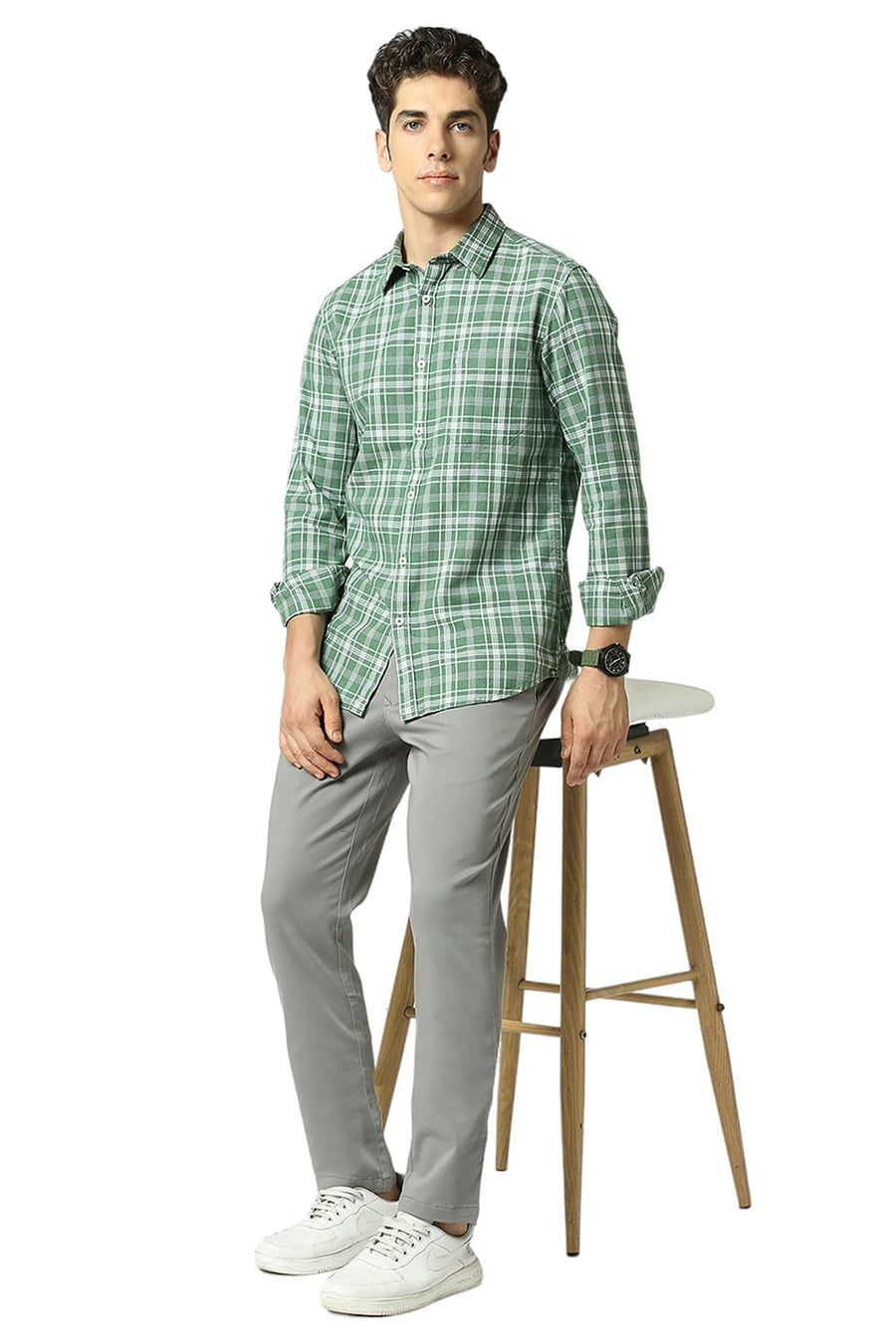 BASICS SLIM FIT ARTICHOKE GREEN COTTON TWILL MELANGE CHECKS SHIRT