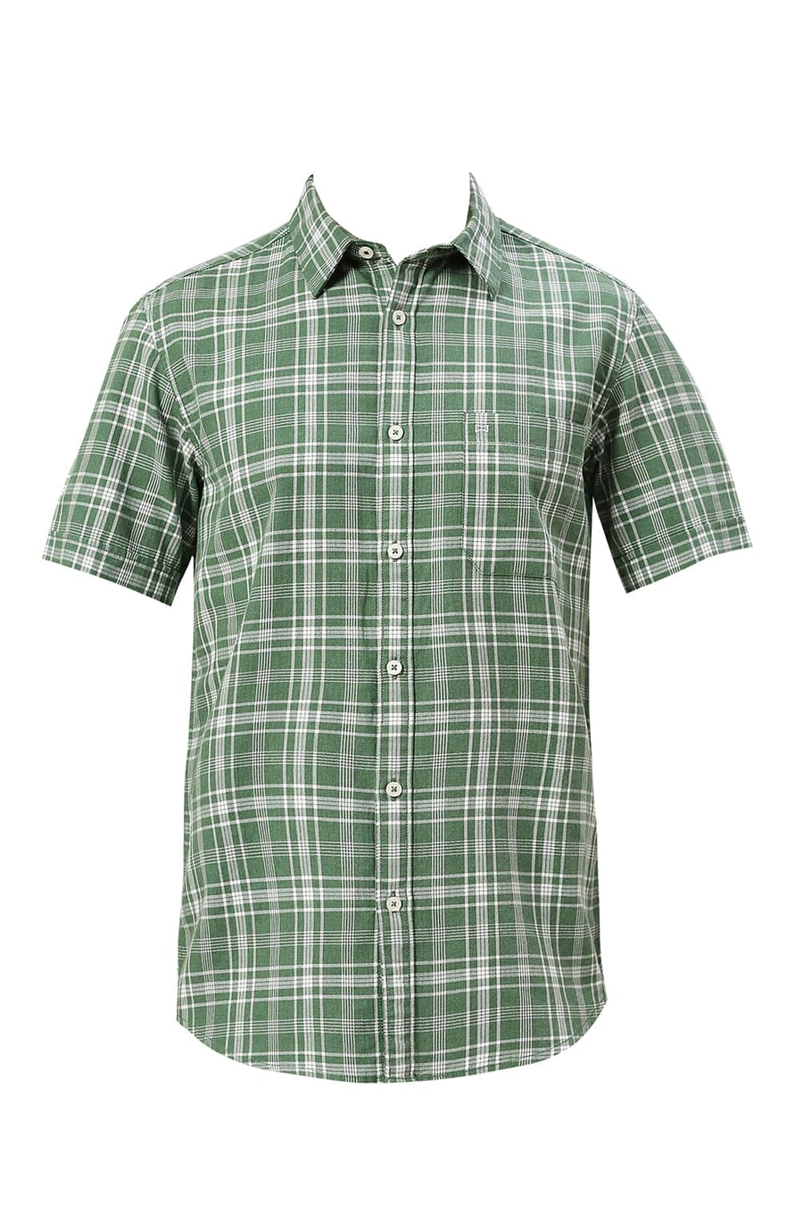 BASICS SLIM FIT ARTICHOKE GREEN COTTON TWILL MELANGE CHECKS HALFSLEEVES SHIRT