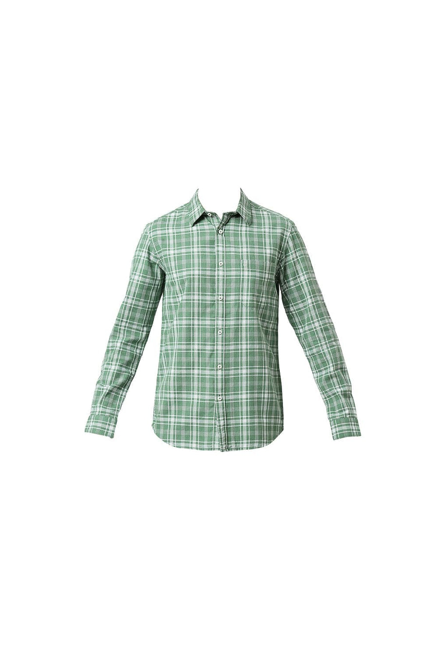 BASICS SLIM FIT ARTICHOKE GREEN COTTON TWILL MELANGE CHECKS SHIRT