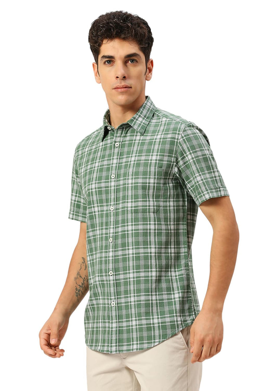 BASICS SLIM FIT ARTICHOKE GREEN COTTON TWILL MELANGE CHECKS HALFSLEEVES SHIRT