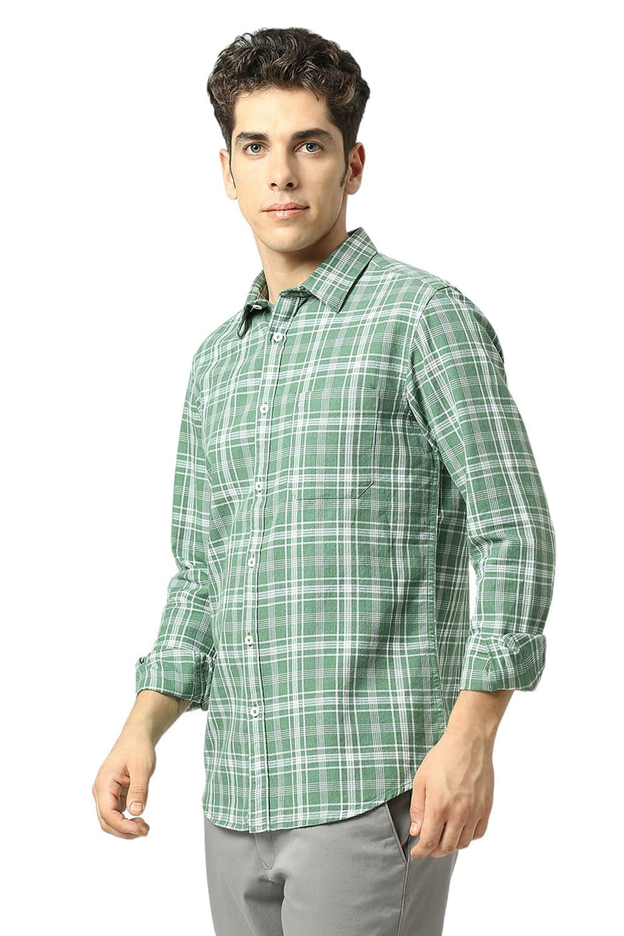 BASICS SLIM FIT ARTICHOKE GREEN COTTON TWILL MELANGE CHECKS SHIRT
