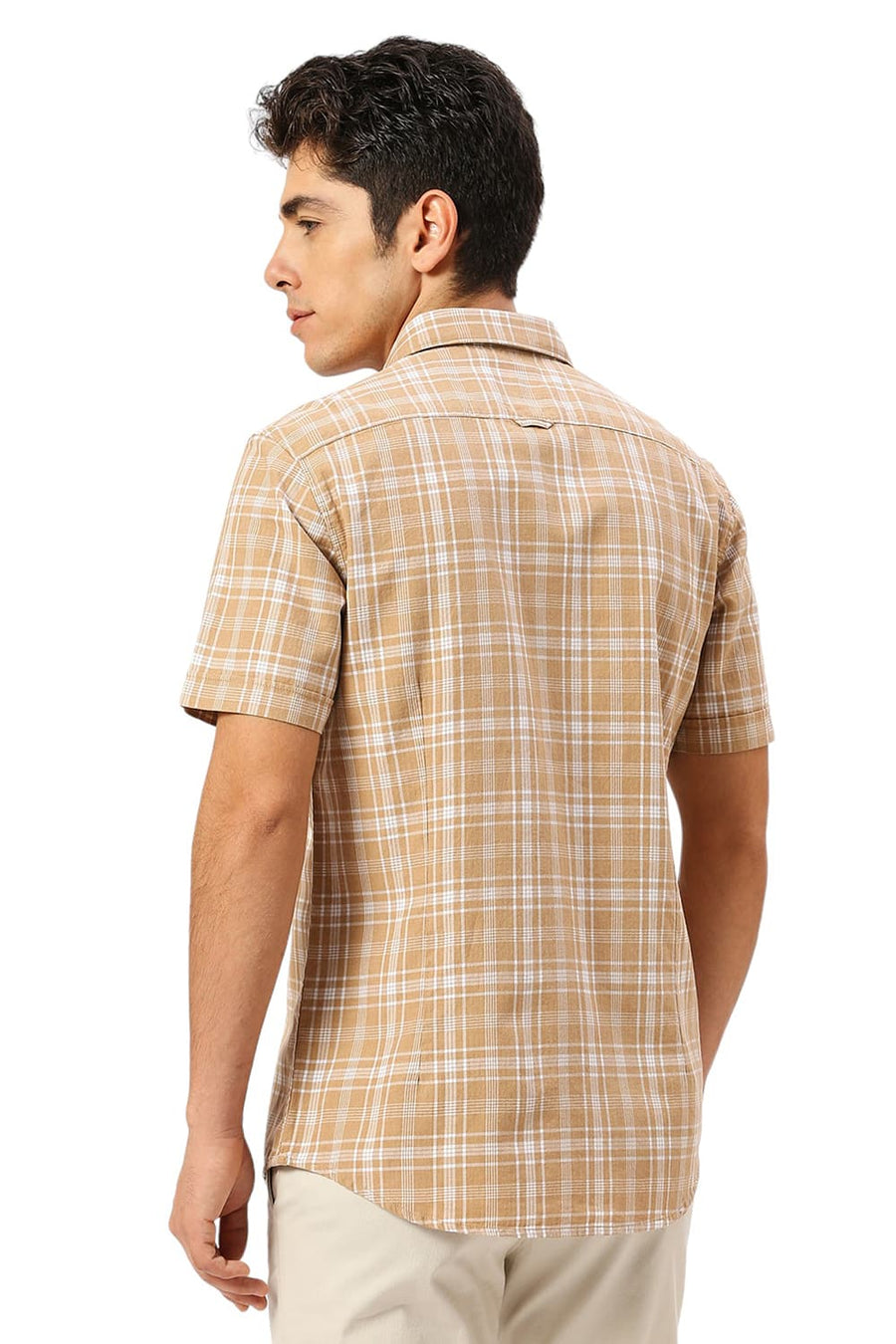 BASICS SLIM FIT SESAME KHAKI COTTON TWILL MELANGE CHECKS HALFSLEEVES SHIRT