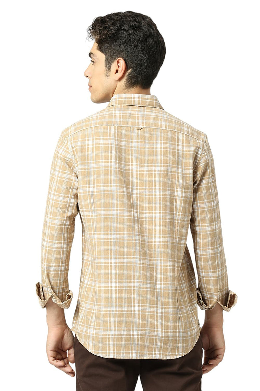 BASICS SLIM FIT SESAME KHAKI COTTON TWILL MELANGE CHECKS SHIRT