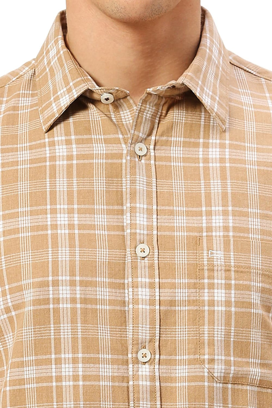 BASICS SLIM FIT SESAME KHAKI COTTON TWILL MELANGE CHECKS HALFSLEEVES SHIRT
