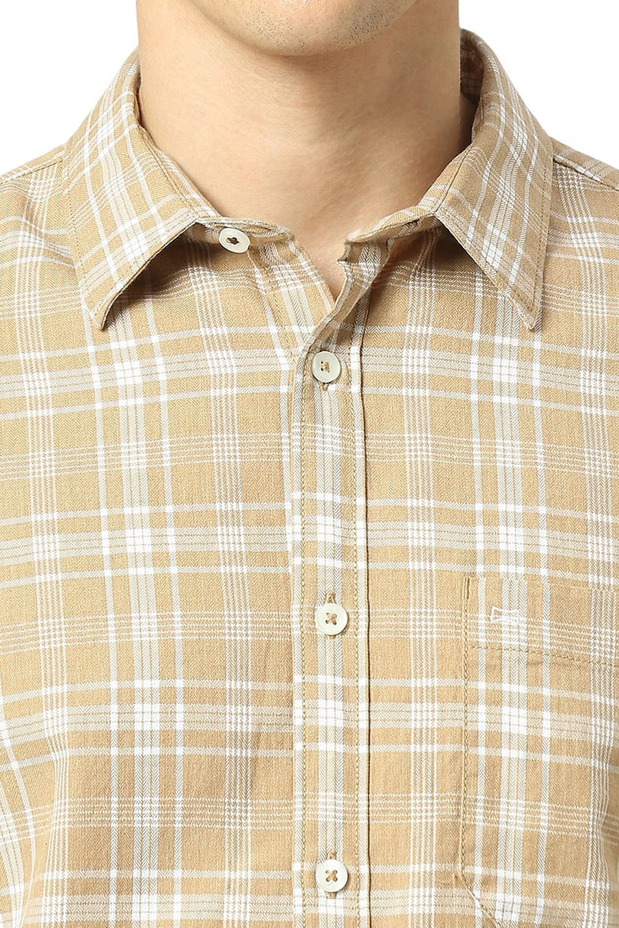 BASICS SLIM FIT SESAME KHAKI COTTON TWILL MELANGE CHECKS SHIRT