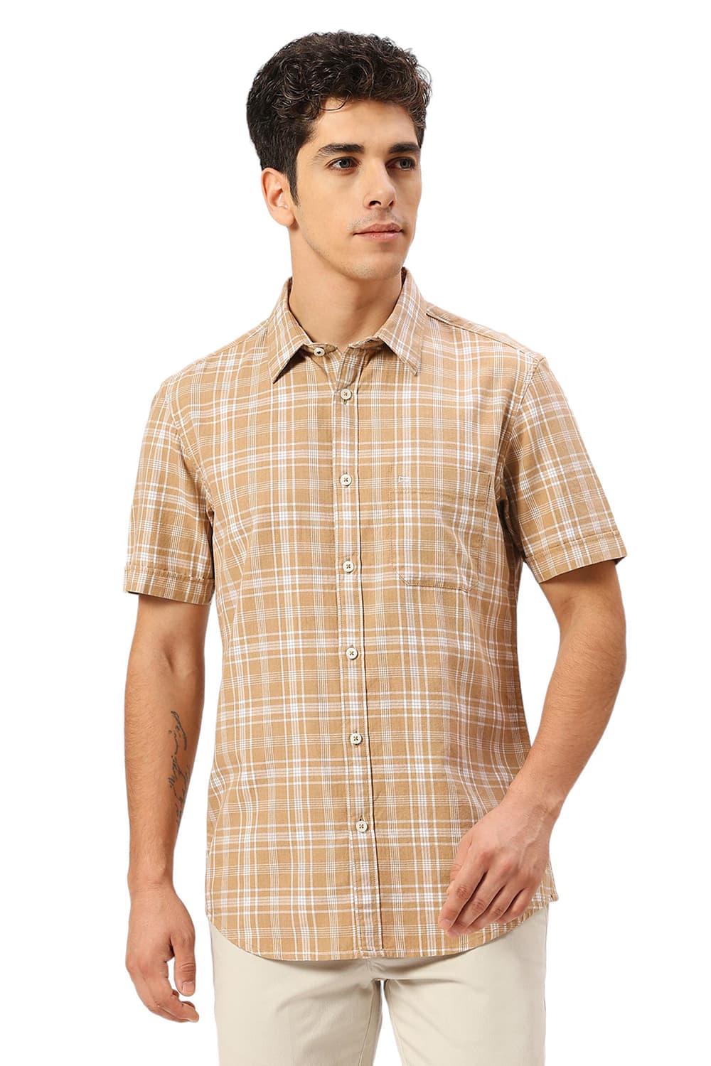 SLIM FIT COTTON TWILL MELANGE CHECKS HALFSLEEVES SHIRT