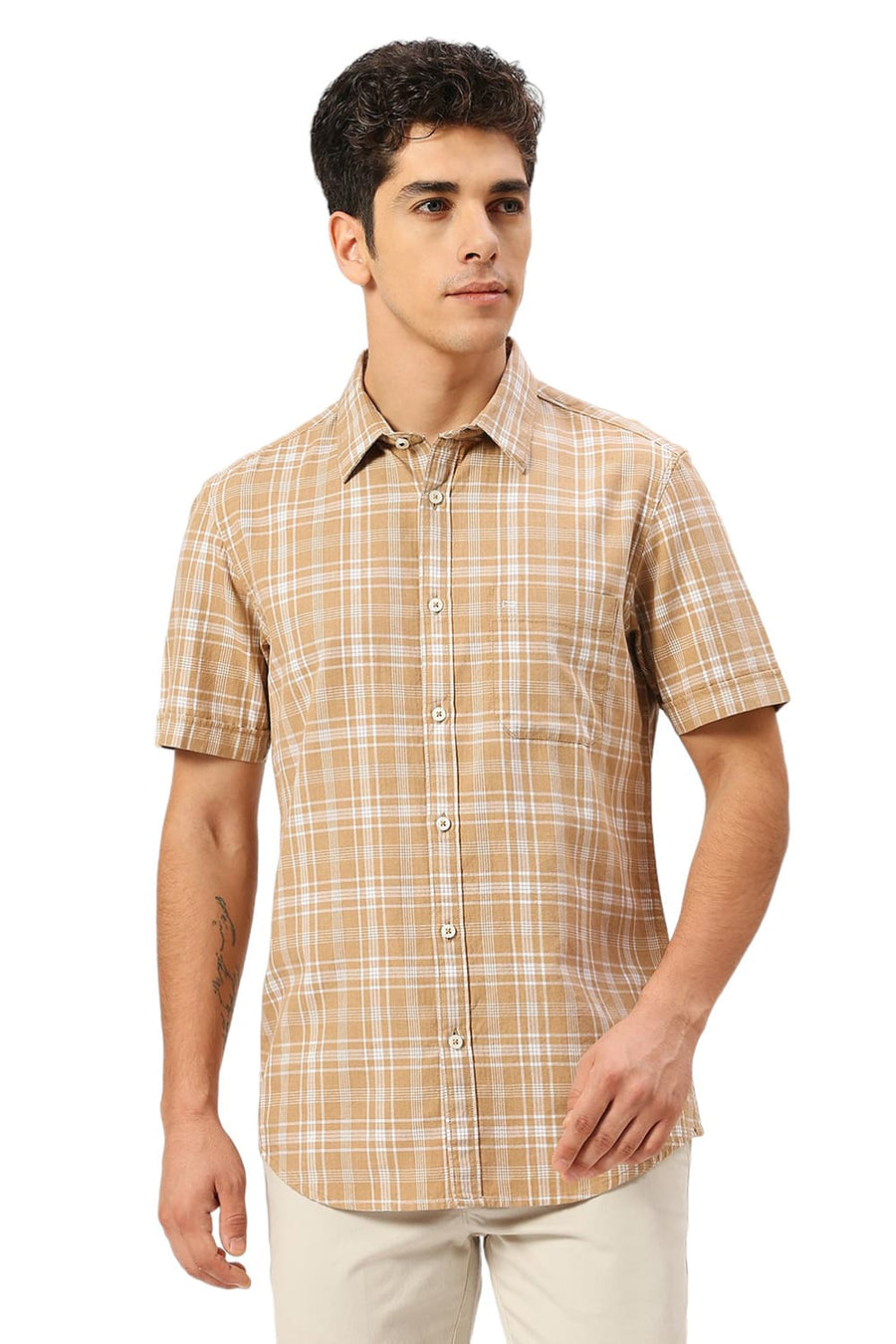 BASICS SLIM FIT SESAME KHAKI COTTON TWILL MELANGE CHECKS HALFSLEEVES SHIRT