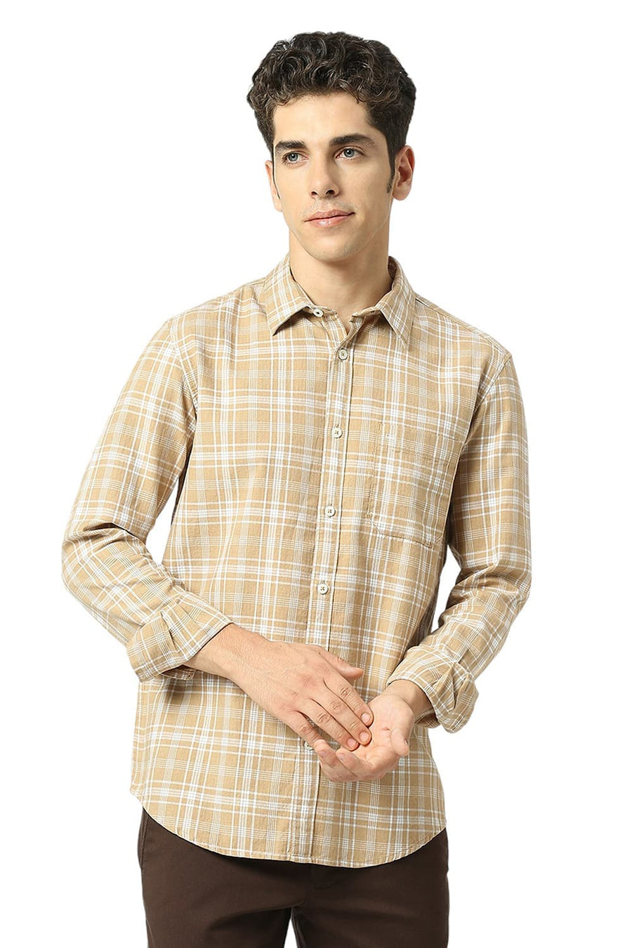 BASICS SLIM FIT SESAME KHAKI COTTON TWILL MELANGE CHECKS SHIRT