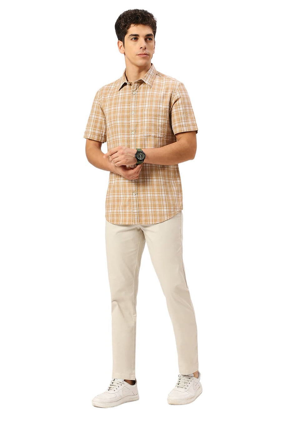 BASICS SLIM FIT SESAME KHAKI COTTON TWILL MELANGE CHECKS HALFSLEEVES SHIRT