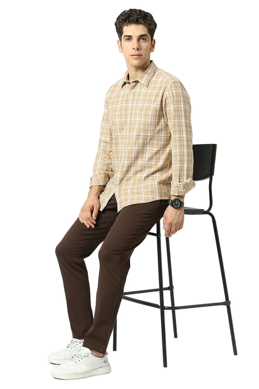 BASICS SLIM FIT SESAME KHAKI COTTON TWILL MELANGE CHECKS SHIRT