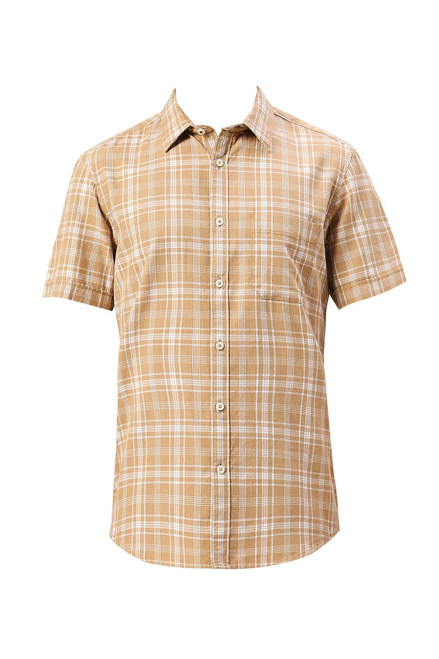 BASICS SLIM FIT SESAME KHAKI COTTON TWILL MELANGE CHECKS HALFSLEEVES SHIRT
