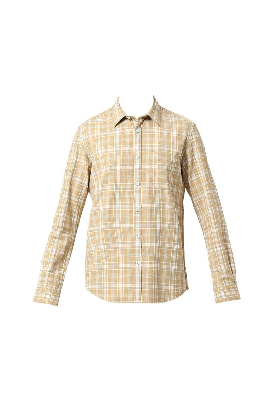 BASICS SLIM FIT SESAME KHAKI COTTON TWILL MELANGE CHECKS SHIRT