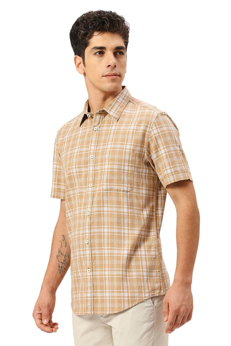 BASICS SLIM FIT SESAME KHAKI COTTON TWILL MELANGE CHECKS HALFSLEEVES SHIRT