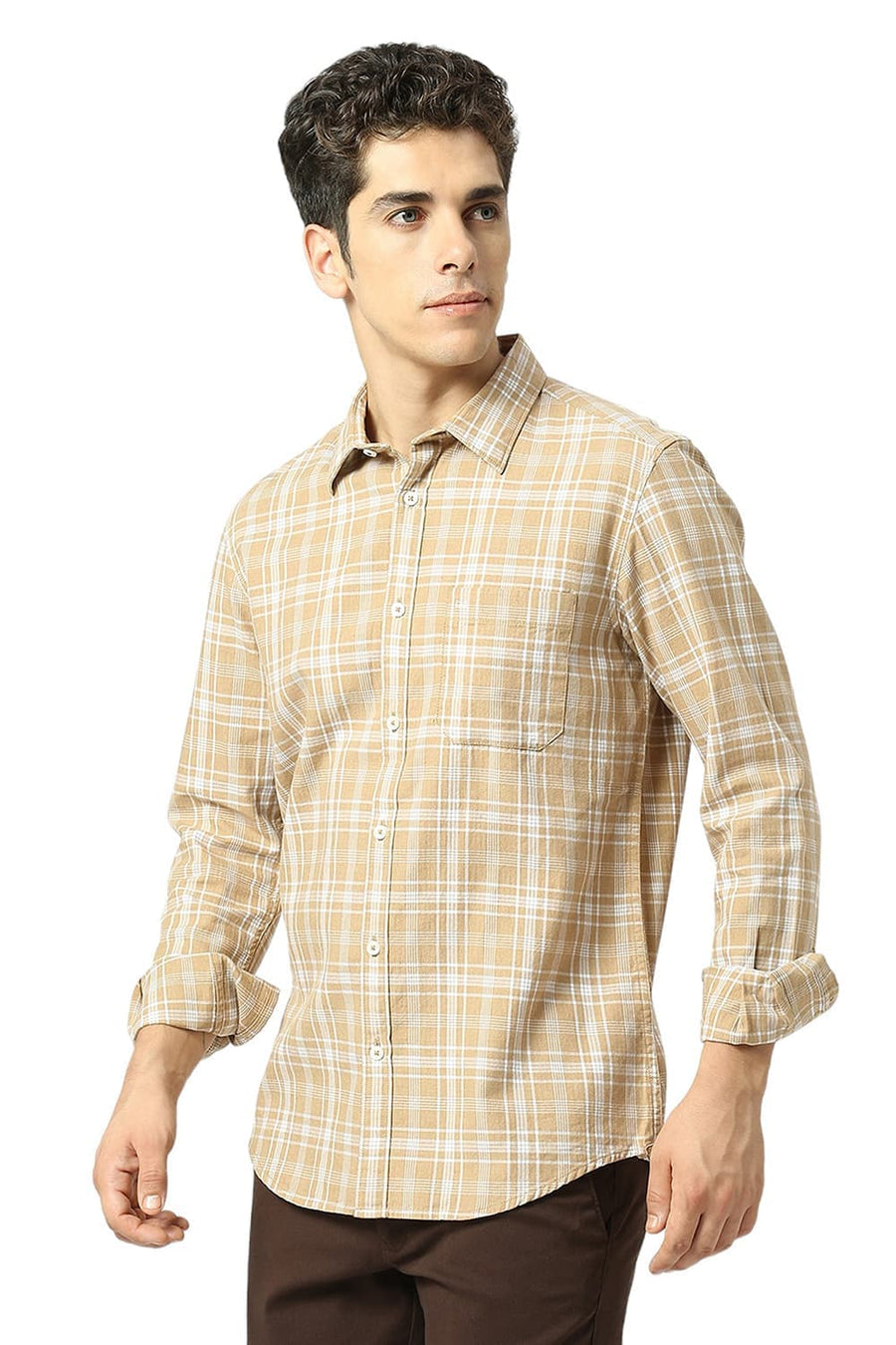 BASICS SLIM FIT SESAME KHAKI COTTON TWILL MELANGE CHECKS SHIRT