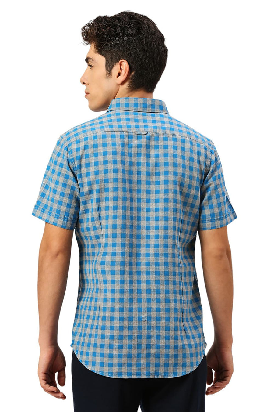 BASICS SLIM FIT HAWALIAN BLUE COTTON TWILL MELANGE CHECKS HALFSLEEVES SHIRT