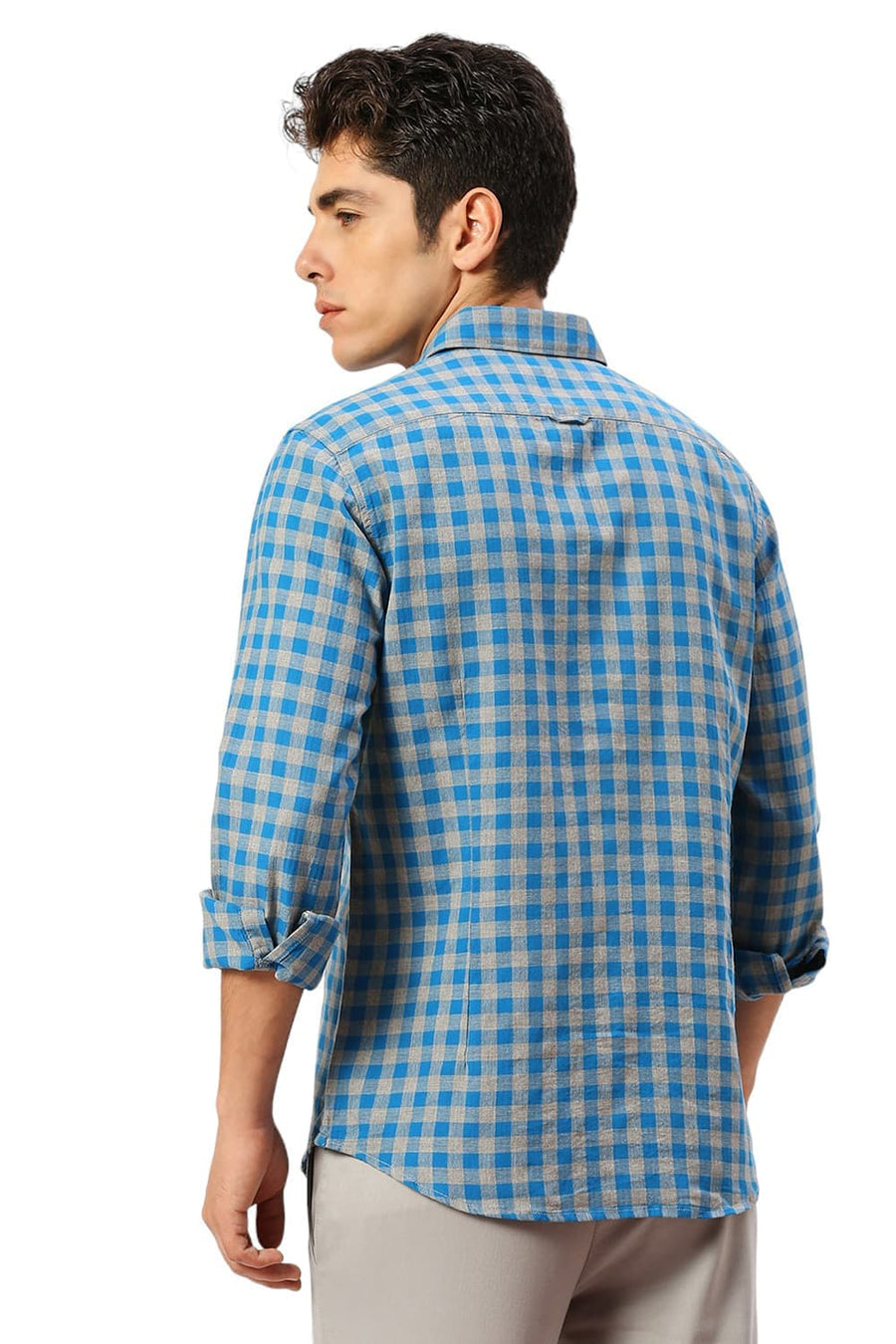 BASICS SLIM FIT HAWALIAN BLUE COTTON TWILL MELANGE CHECKS SHIRT