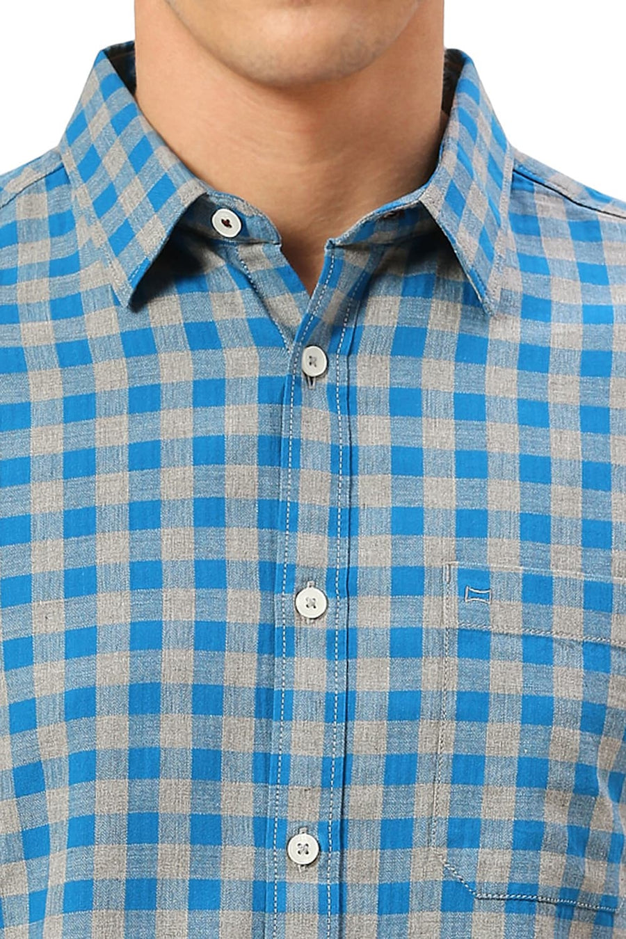 BASICS SLIM FIT HAWALIAN BLUE COTTON TWILL MELANGE CHECKS HALFSLEEVES SHIRT