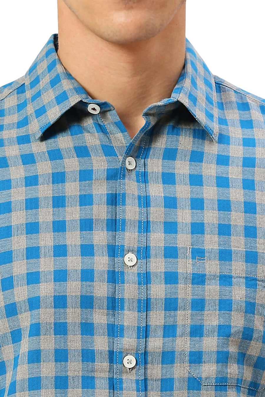 BASICS SLIM FIT HAWALIAN BLUE COTTON TWILL MELANGE CHECKS SHIRT