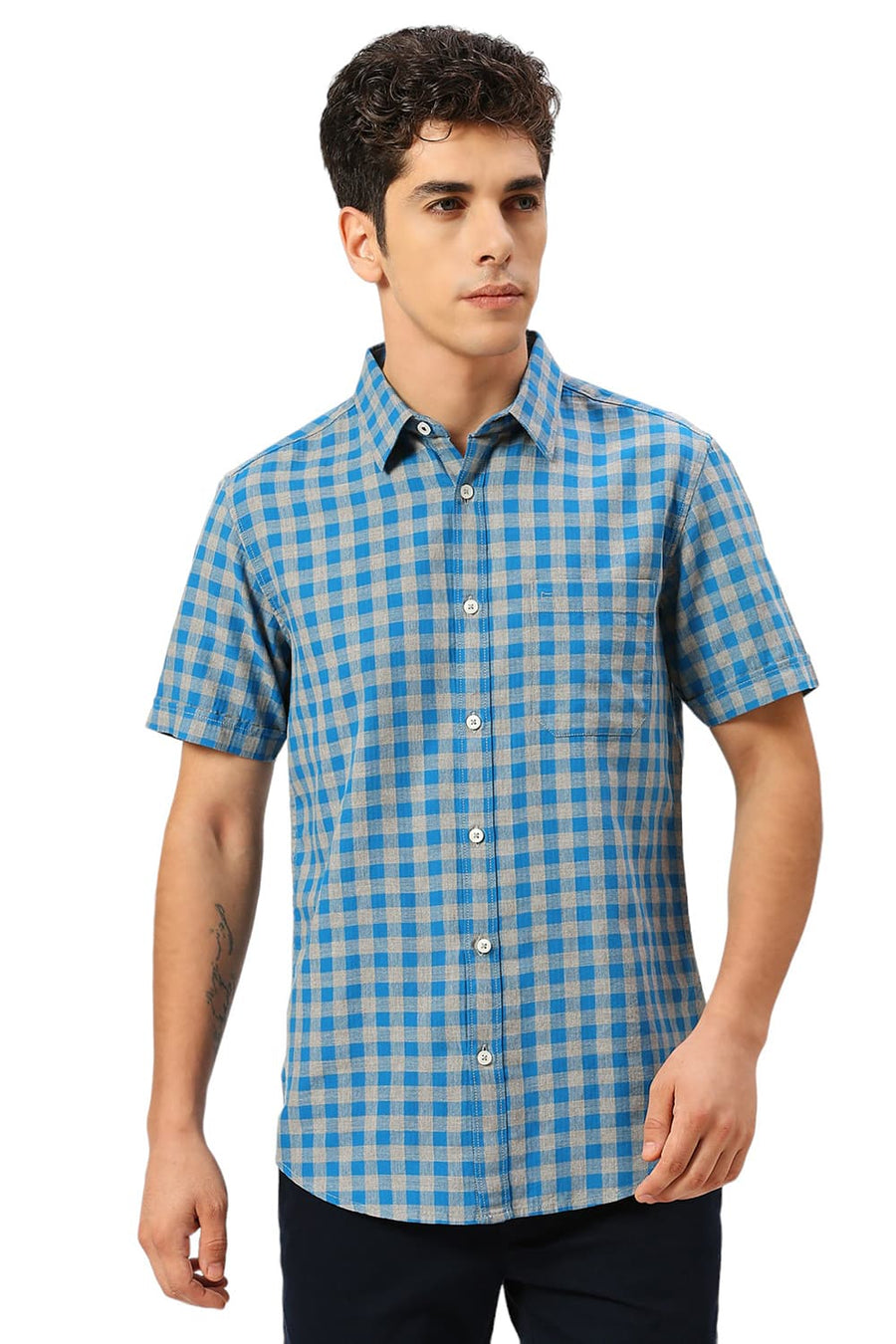 BASICS SLIM FIT HAWALIAN BLUE COTTON TWILL MELANGE CHECKS HALFSLEEVES SHIRT