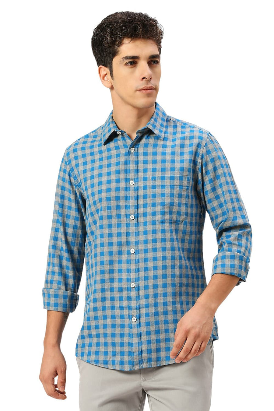 BASICS SLIM FIT HAWALIAN BLUE COTTON TWILL MELANGE CHECKS SHIRT