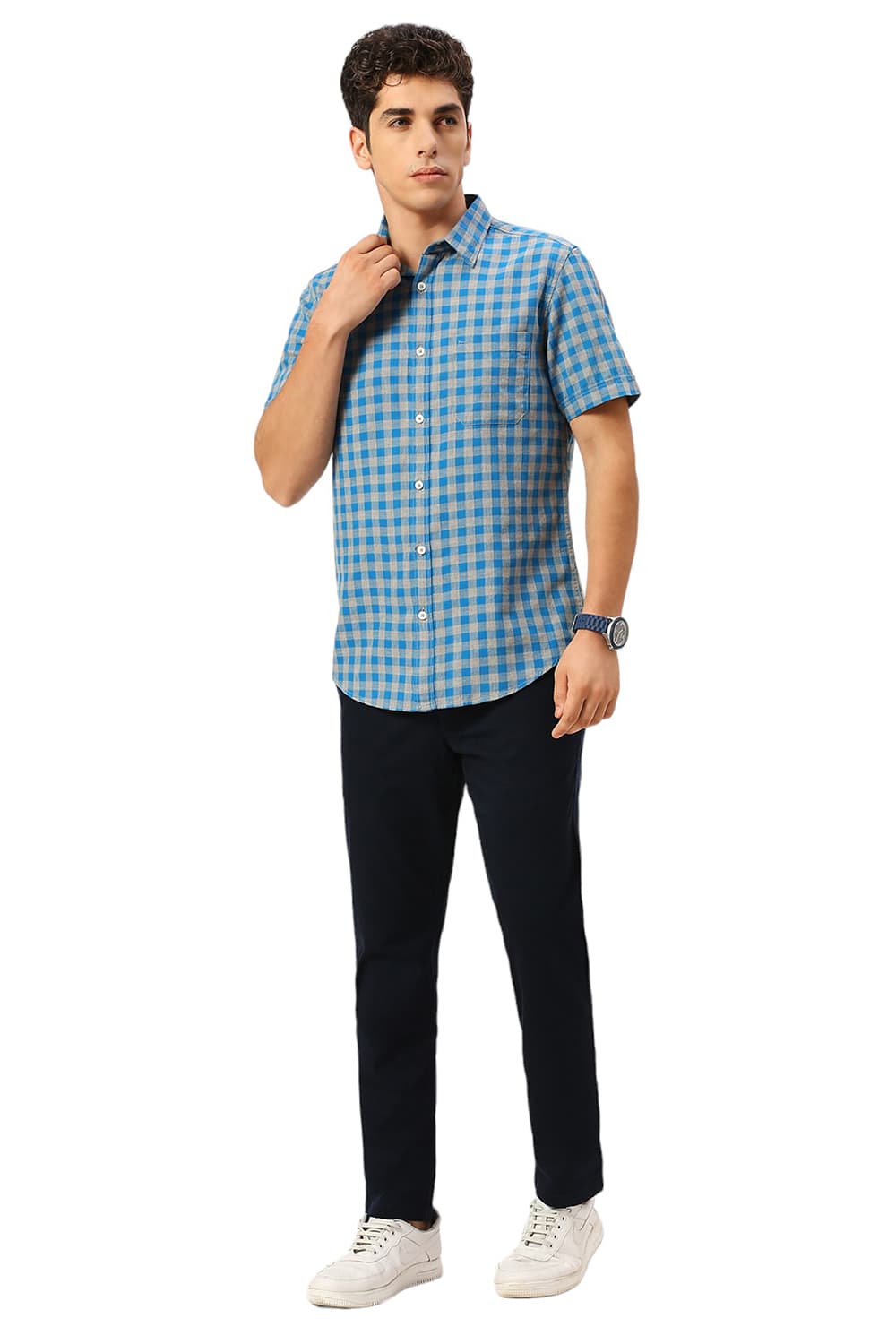 SLIM FIT COTTON TWILL MELANGE CHECKS HALFSLEEVES SHIRT