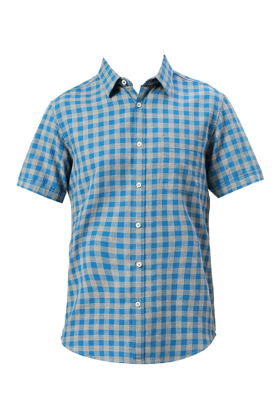 BASICS SLIM FIT HAWALIAN BLUE COTTON TWILL MELANGE CHECKS HALFSLEEVES SHIRT