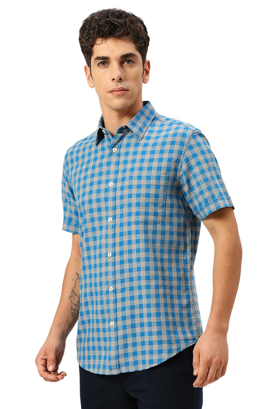 BASICS SLIM FIT HAWALIAN BLUE COTTON TWILL MELANGE CHECKS HALFSLEEVES SHIRT
