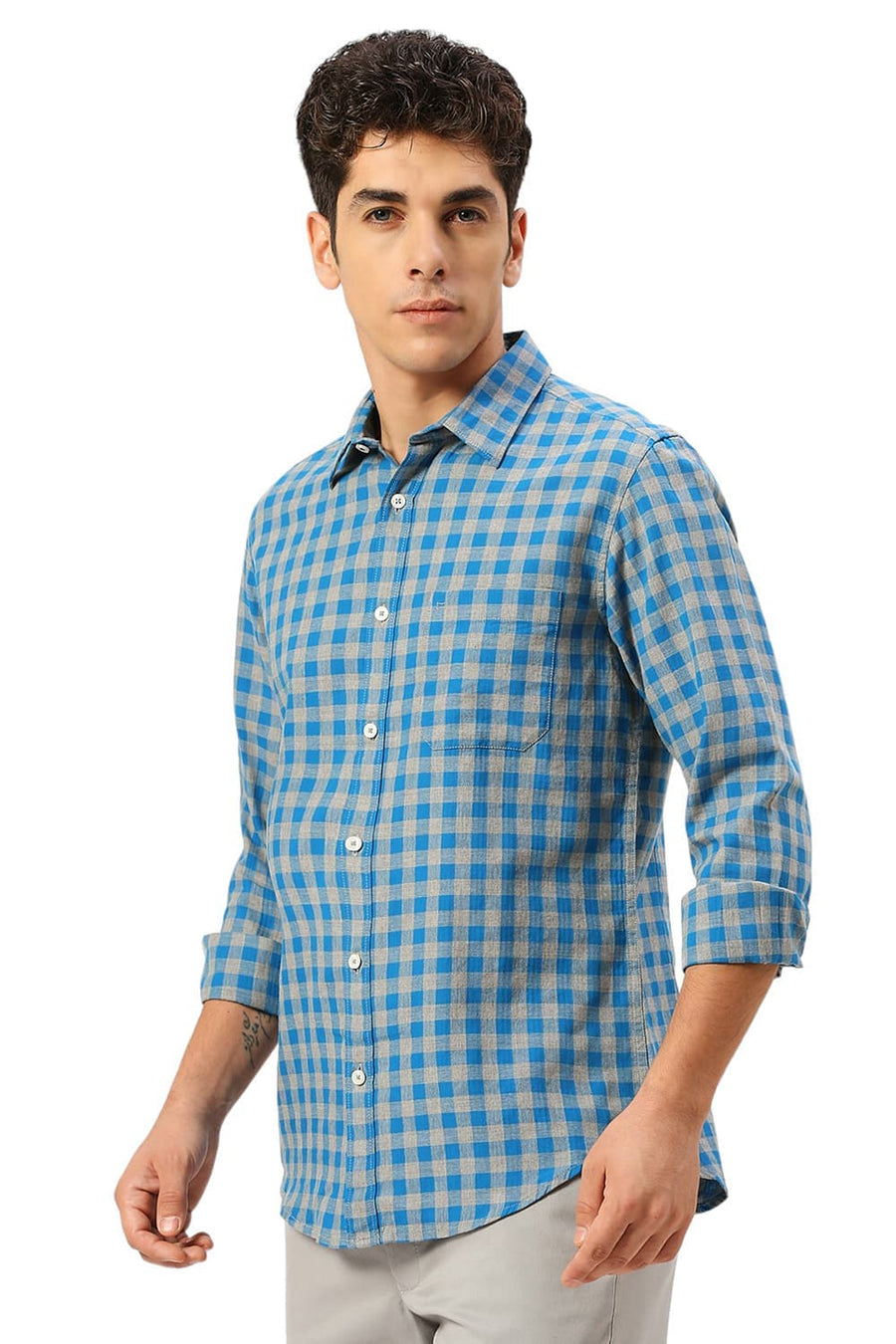 BASICS SLIM FIT HAWALIAN BLUE COTTON TWILL MELANGE CHECKS SHIRT