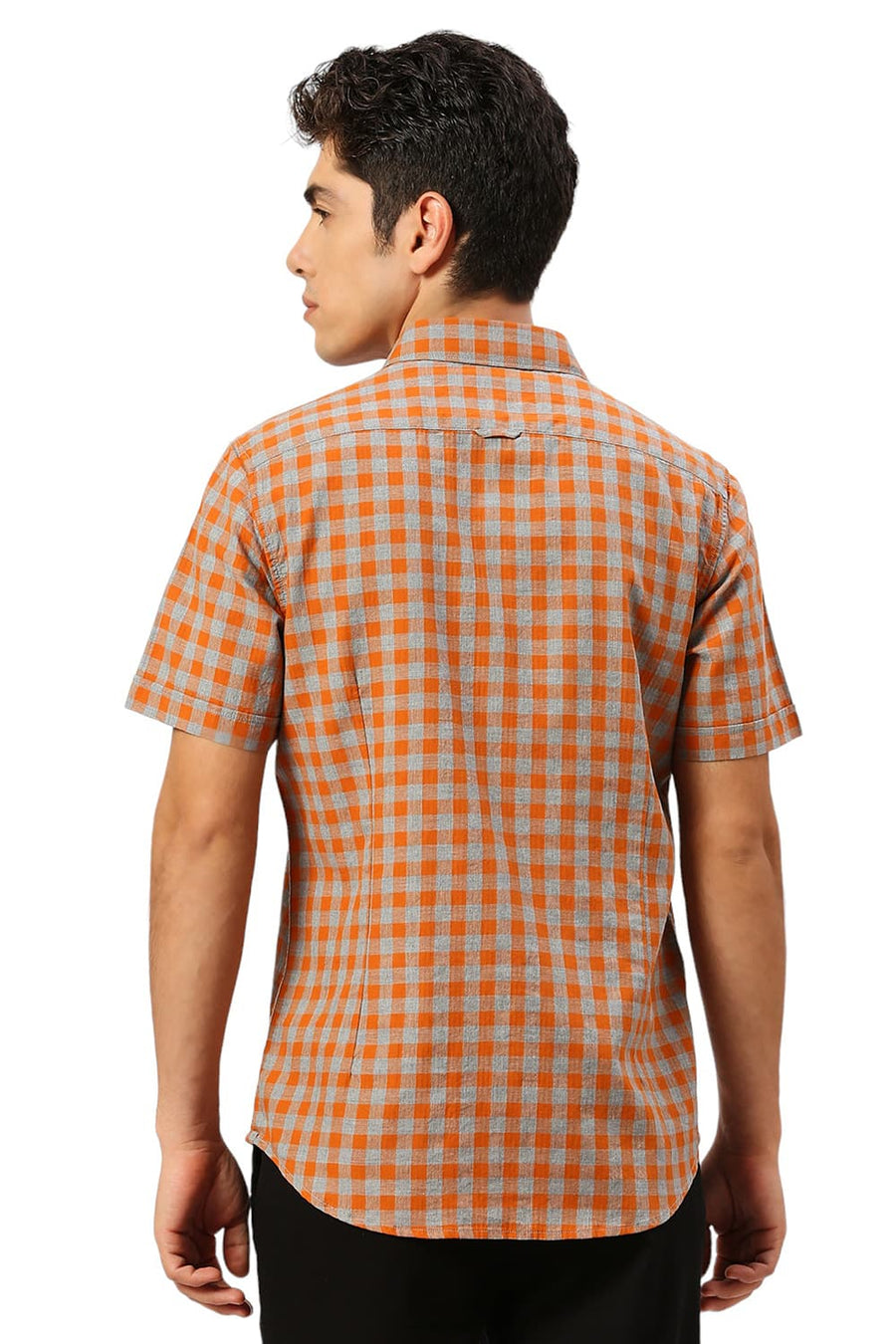 BASICS SLIM FIT AMBERGLOW ORANGE COTTON TWILL MELANGE CHECKS HALFSLEEVES SHIRT