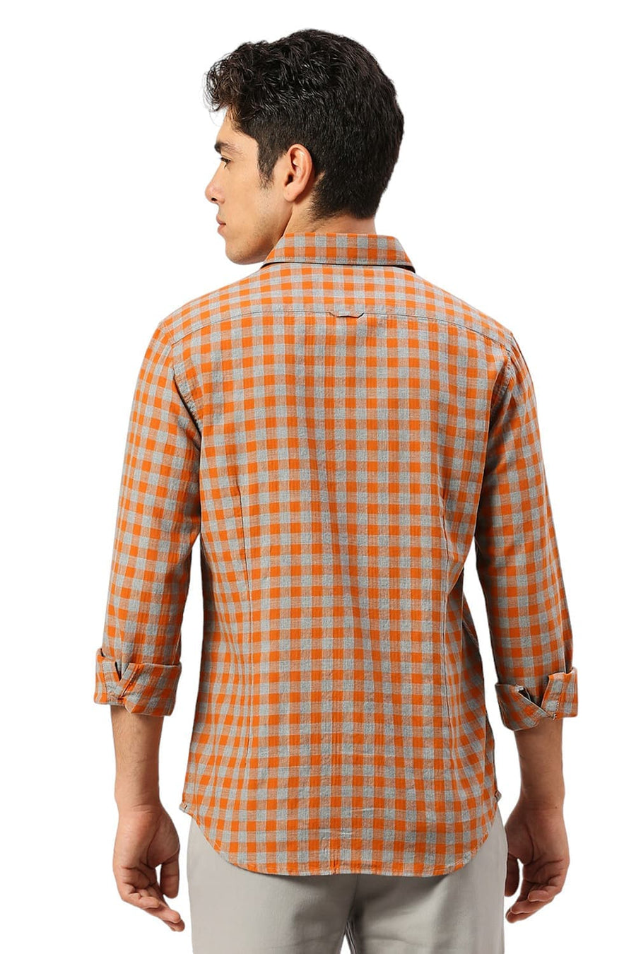 BASICS SLIM FIT AMBERGLOW ORANGE COTTON TWILL MELANGE CHECKS SHIRT