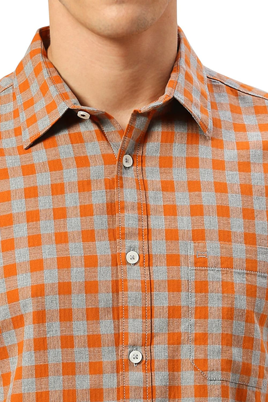 BASICS SLIM FIT AMBERGLOW ORANGE COTTON TWILL MELANGE CHECKS HALFSLEEVES SHIRT